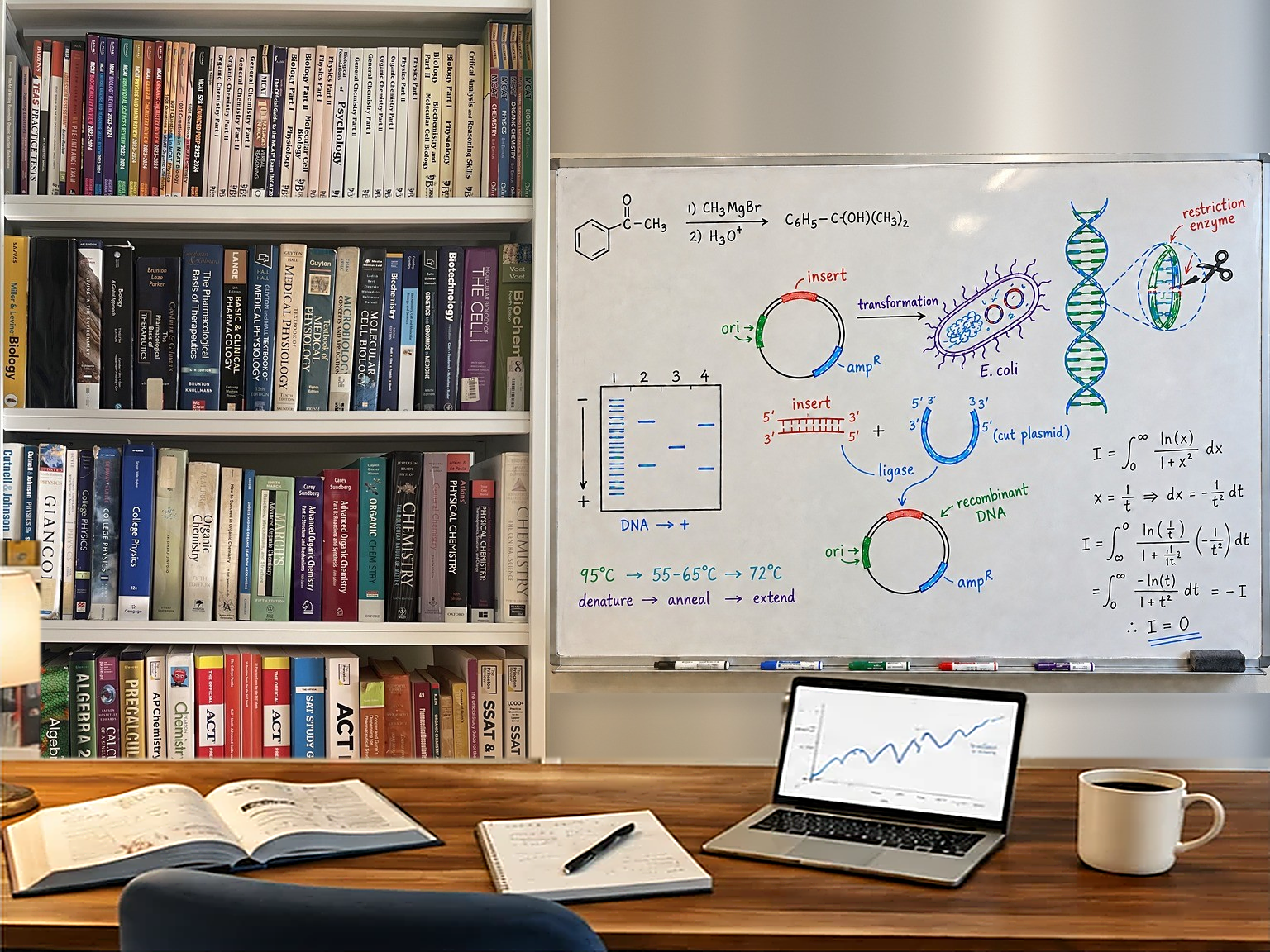 Vinai's personal bookshelf of science, math, medical, and test-preparation books and a whiteboard worked through with organic chemistry, molecular biology, and calculus examples, above a wooden working desk with a brass lamp, one open academic textbook, angled laptop showing a graph, handwritten notepad with a pen, and coffee